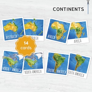 Tarjetas didácticas de los 7 continentes: aprendizaje de geografía Montessori para niños, herramientas educativas para enseñar globos terráqueos y culturas