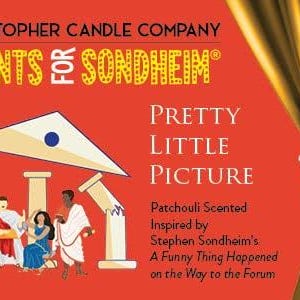 May include: A red advertisement for Christopher Candle Company's "Scents for Sondheim" featuring the text "Pretty Little Picture." The image includes a cartoon illustration of a theater scene and a hand pulling back a gold curtain.
