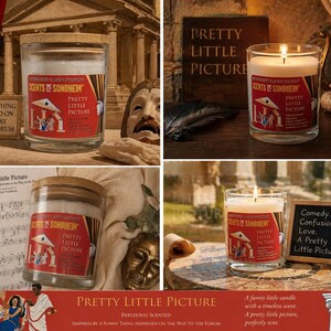 May include: A collection of glass jar candles with wooden lids, labeled "Pretty Little Picture" and "Scents of Sondheim." The candles are lit, and the image includes props like a lyre, sheet music, and a sign that says "A Funny Thing Happened on the Way to the Forum."