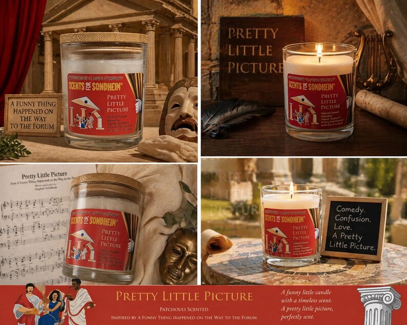May include: A collection of glass jar candles with wooden lids, labeled "Pretty Little Picture" and "Scents of Sondheim." The candles are lit, and the image includes props like a lyre, sheet music, and a sign that says "A Funny Thing Happened on the Way to the Forum."