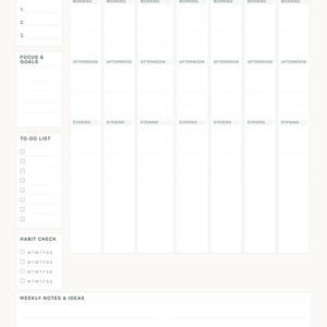 Może przedstawiać: Strona planera tygodniowego z nagł&oacute;wkiem WEEKLY OVERVIEW i pustą linią na WEEK OF. Zawiera kolumny od poniedziałku do niedzieli, podzielone na Morning, Afternoon i Evening. Zawiera sekcje Top Priorities, Focus & Goals, To-Do List, Habit Check oraz Weekly Notes & Ideas.