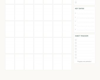 Może przedstawiać: Strona planera miesięcznego z układem siatki na dni tygodnia, oznaczona u góry jako MONTHLY PLANNER. Prawa strona zawiera sekcje MONTHLY GOALS, KEY DATES oraz HABIT TRACKER z tekstem Progress over perfection na dole strony.
