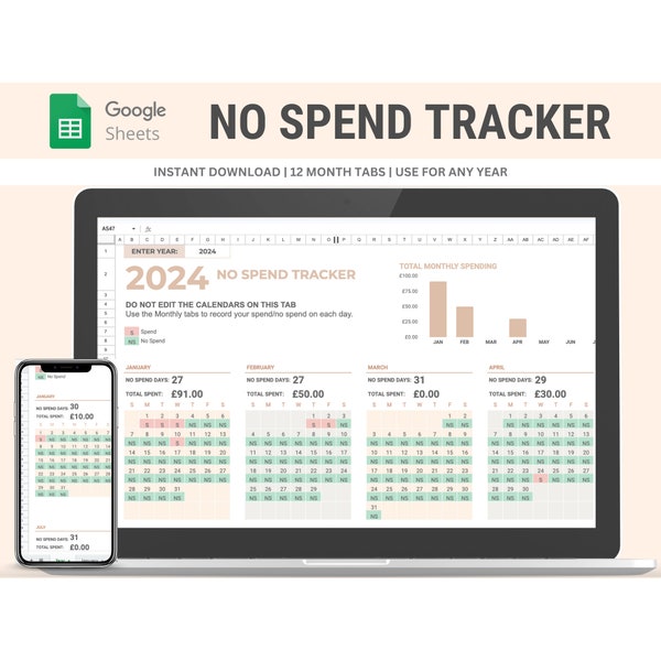 No Spend Budget Tracker Google Sheets - Changeable Year | Instant Download | Neutral Theme | GBP and USD | Digital Tracker | Budget Calendar