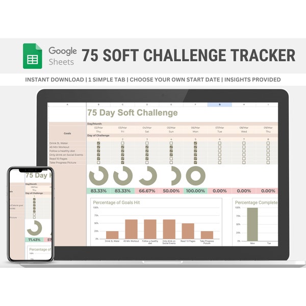 75 Soft Challenge Tracker for Google Sheets - Instant Download | Neutral Theme | Digital Planner