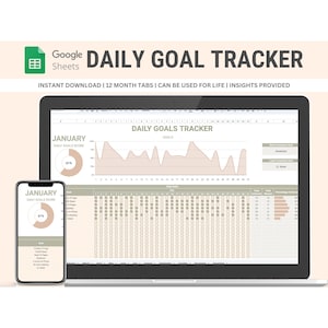 Daily Goal Tracker Digital Planner for Google Sheets with Key Insights- Instant Download | Neutral Theme | Use for Life | Habit Tracker