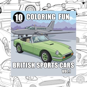 Puede incluir: Portada de libro para colorear con un coche deportivo británico verde y un avión. El texto de la portada dice "10 Coloring Fun Digital Pages" y "British Sports Cars Vol. 1". El fondo presenta dibujos lineales de varios coches.