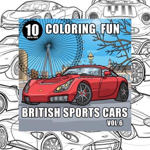 May include: A digital coloring book cover featuring a red British sports car. The cover includes the text "10 Coloring Fun" and "British Sports Cars Vol. 6". The background shows a Ferris wheel and other cars.