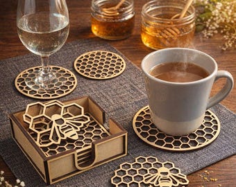 Posavasos con diseño de panal, archivo digital, archivo SVG, posavasos de madera con diseño de panal, SVG, AI, PID, Lightburn