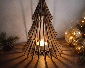Lámpara de árbol de Navidad 3D cortada a láser | Portavelas LED | SVG, DXF, AI, Lightburn | 3 mm, 4 mm, 5 mm, 1/8", 1/6" | Plantilla de madera para decoración de luces navideñas