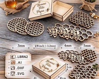 Posavasos con diseño de panal, archivo digital, archivo SVG, posavasos con diseño de panal + caja, SVG, AI, PID, Lightburn