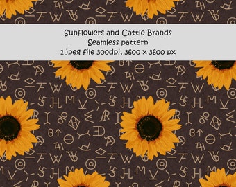 Sunflowers and Cattle Brands seamless pattern