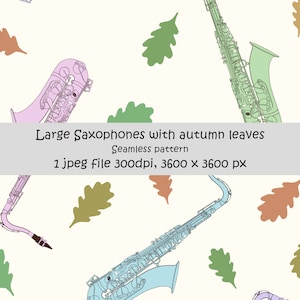 Saxophones and autumn leaves, seamless pattern