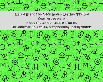 Cattle Brands on Neon Green leather texture,  seamless pattern