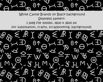 White Cattle Brands on Black background, seamless pattern