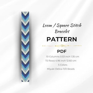 May include: A beading pattern for a bracelet with a chevron design. The pattern is for a loom or square stitch bracelet and uses 5 colors of Miyuki Delica 11/0 beads. The bracelet is 4.96 inches long and 0.53 inches wide.