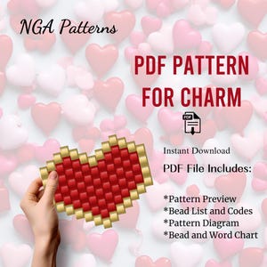Op de afbeelding: Een digitaal downloadbaar PDF-patroon voor een kralen hartbedel. Het patroon bevat een voorbeeld, een kralenlijst en codes, een diagram en een kralen- en woordkaart.