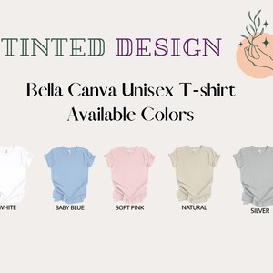 May include: Five Bella Canva Unisex T-shirts in different colours: white, baby blue, soft pink, natural, and silver.