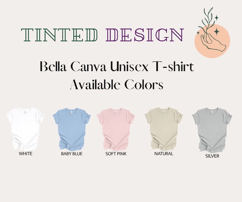 May include: Five Bella Canva Unisex T-shirts in different colours: white, baby blue, soft pink, natural, and silver.