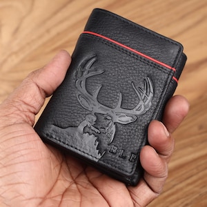 Deer Trifold Wallet, Full Grain Leather RFID Wallet, Black Custom Men’s Wallet, Personalized Anniversary Gift, Groomsmen Gift