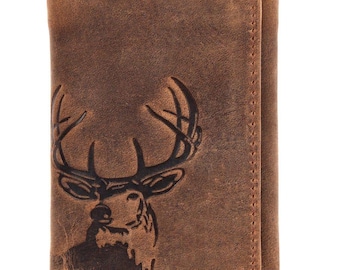 Deer Embossed Leather Trifold Men’s Wallet – Personalized RFID Blocking, Custom Engraved Hunting Gift