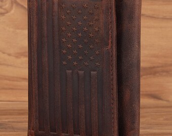 USA Flag Trifold Wallet For Men – Full Grain Leather, RFID Blocking, Patriotic Design, Gift Box Included - View #2