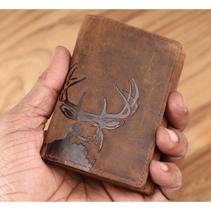 Cartera de ciervo, billetera de cuero de grano completo, bloqueo RFID, monograma personalizado, aniversario, San Valentín, novio, regalo para papá, billetera de regalo para hombres