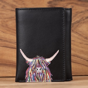 Highland Kuh Leder Brieftasche für Männer, RFID, personalisiert, schwarze Brieftasche, Jubiläum, Valentinstag, Freund, Vater Geschenk, Männer Geschenk Brieftasche