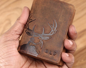 Deer Trifold,Full Grain Leather Trifold Men Wallet, RFID, Personalized Monogram Engraving, Men Valentine Gift, Boyfriend Gift, Gift for Dad