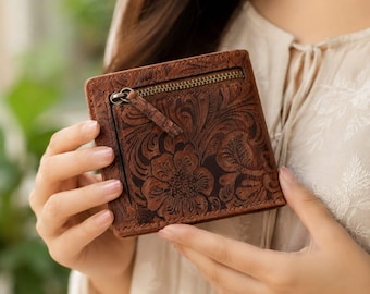 Small Minimalist Wallet Women's • Flower Embossed • Women's Wallets • Personalized Gifts For Her