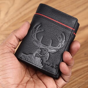 Cartera de ciervo, billetera triple de cuero de grano completo, bloqueo RFID, billetera de cuero, billetera negra personalizada, regalo de aniversario, billetera de regalo para hombre,