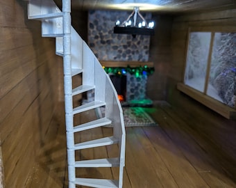 May include: A white spiral staircase with wooden steps and a white railing. The staircase is in a dollhouse with a wooden floor and a fireplace in the background.