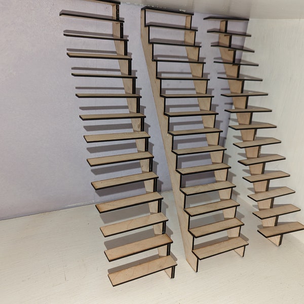 1:12 scale dolls house stairs kit, floating ultra modern. 1 kit can make 1 of 3 different stair types.