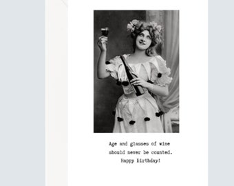 Age and Wine Birthday Card | Vintage Photo Greeting | Wine Lovers | 5 x 7 | Blank Inside | Handmade