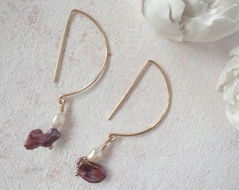 Handmade Cranberry Pearl Dangle Earrings: 14kt Gold Filled, Sterling Silver