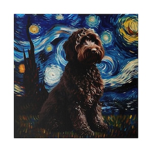 Wall Art Canvas | Chocolate Labradoodle Starry Night | Dog Pet Art Lover Gift | Digital Art Painting Print