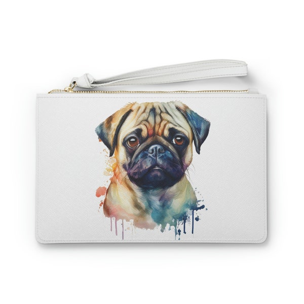 Wristlet Clutch Wallet | Pug Dog Painting | Designer Purse Bag | Friend Cat Pet Lover Gift | Vegan Leather