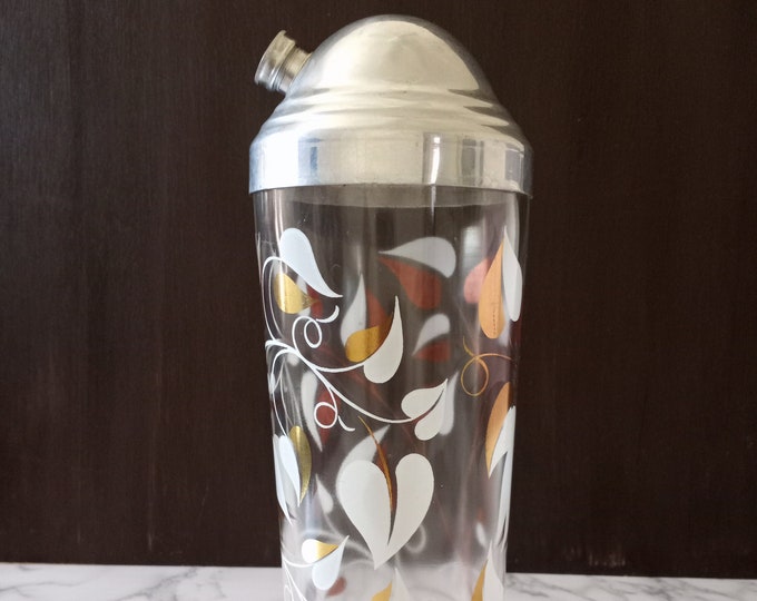 Vintage Cocktail Martini shaker white and gold leaves vines barware. MCM. Rare Find!