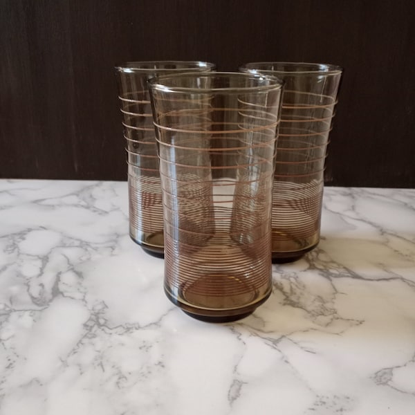 Vintage Mid Century Atomic Drinking Glasses Tumblers Striped Umber/Brown Glass. 3 avail. MCM. Rare Find!