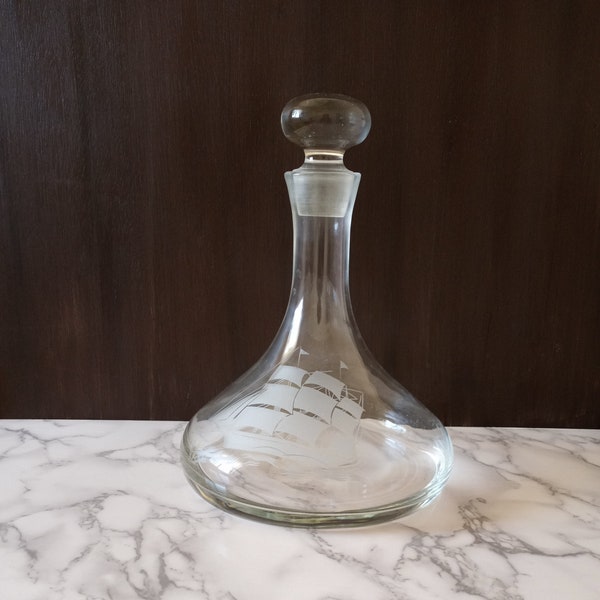 Vintage Toscany Glass Decanter Etched Clipper Ship Nautical design with Ball Stopper Barware. MCM.