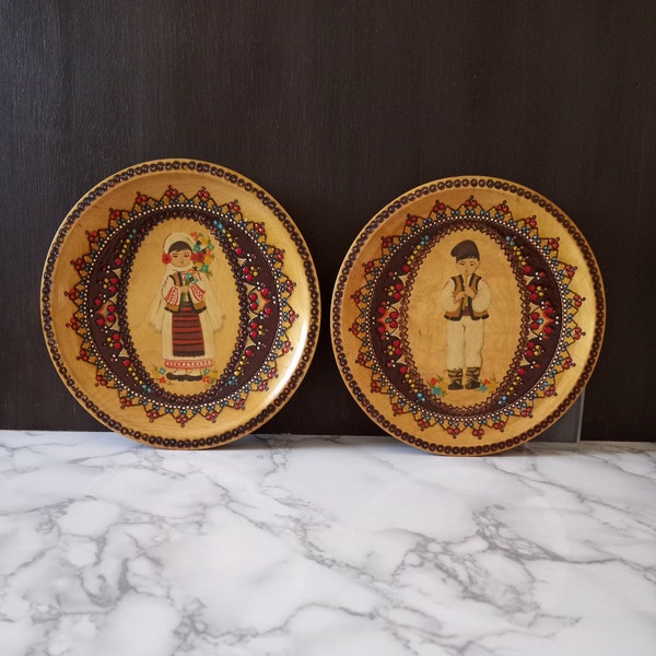 Vintage Romania Hand-Carved Hand-Painted 7.5" Wood Plate, beautiful design. Two pieces one with boy and one with girl. MCM. Rare Find!