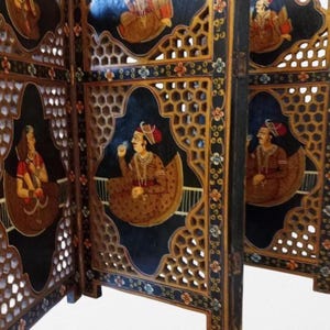 Hand Painted Indian Desk Divider: Vintage Folding Screen, MCM.