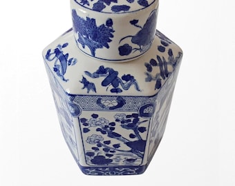Vintage Blue and White Chinese Tea Caddy: Porcelain Tea Jar.