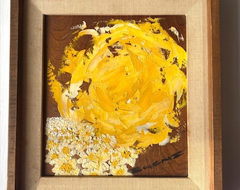 Dipinto astratto floreale retrò originale su pannello di legno, anni '70, tecnica a impasto pesante, incorniciato, arte da studio di metà secolo in stile West Coast Modern. Firmato dall'artista.