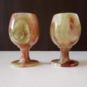 Vintage Pair of Hand-Carved Onyx Stone/Marbled Wine Glasses/Goblets, MCM. Set of 2