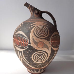 Large Minoan Kamares Style Beaked Jug by G. Lioulias - 11" Mid-Century Mediterranean Pottery.