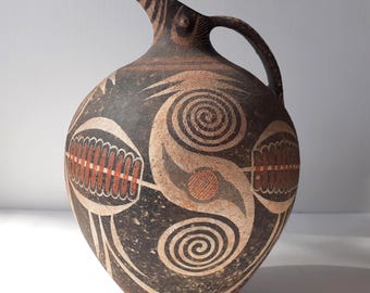 Large Minoan Kamares Style Beaked Jug by G. Lioulias - 11" Mid-Century Mediterranean Pottery.