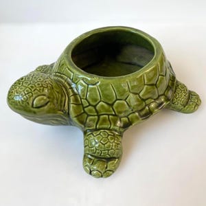 Może przedstawiać: Zielona ceramiczna donica w kształcie żółwia z błyszczącym wykończeniem. Żółw ma duży otwór na grzbiecie do sadzenia. Głowa, nogi i skorupa żółwia są szczegółowo zdobione wzorami.