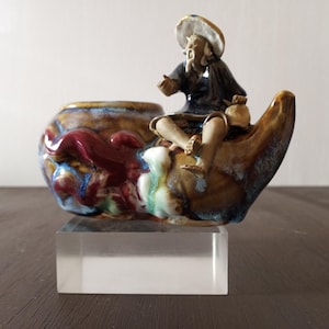 Shiwan Mudman Pottery, vaso per piante/posacenere/statuetta in ceramica asiatica d&#39;epoca, smalto a goccia MCM. Raro da trovare!