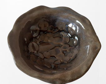 Mid Century Studio Pottery Bowl: Signed Artist Dish, Brown & Blue Glaze.