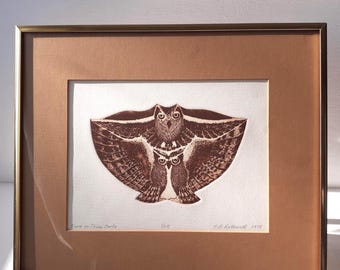 Seltene 1/25 E.B. Rothwell Radierung : "Zwei oder drei Eulen" (1975)